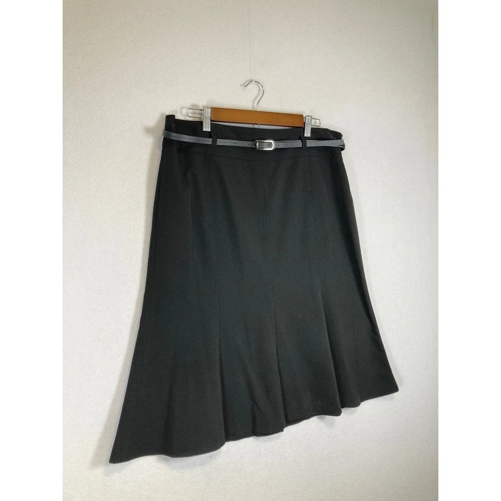 Classic Career Larry Levine Women 14 Black Belted‎ A-Line Midi Skirt 103715